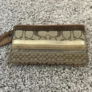 Coach Tan Signature Print Stripe Wristlet